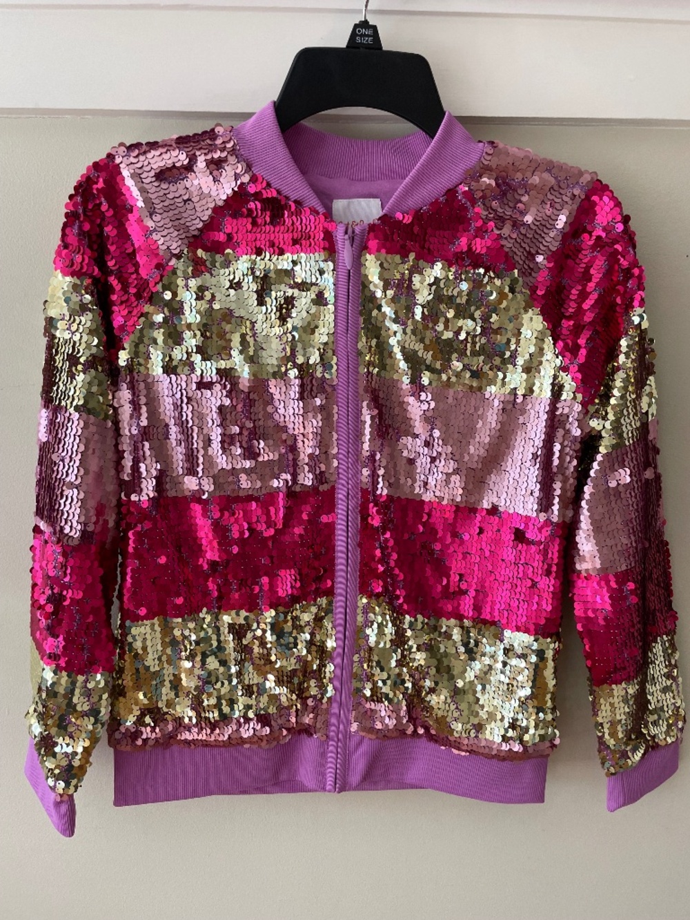 Cat & Jack Girls Sequin Bomber Jacket Full Zip Pink Gold Stripe - Size L 10/12